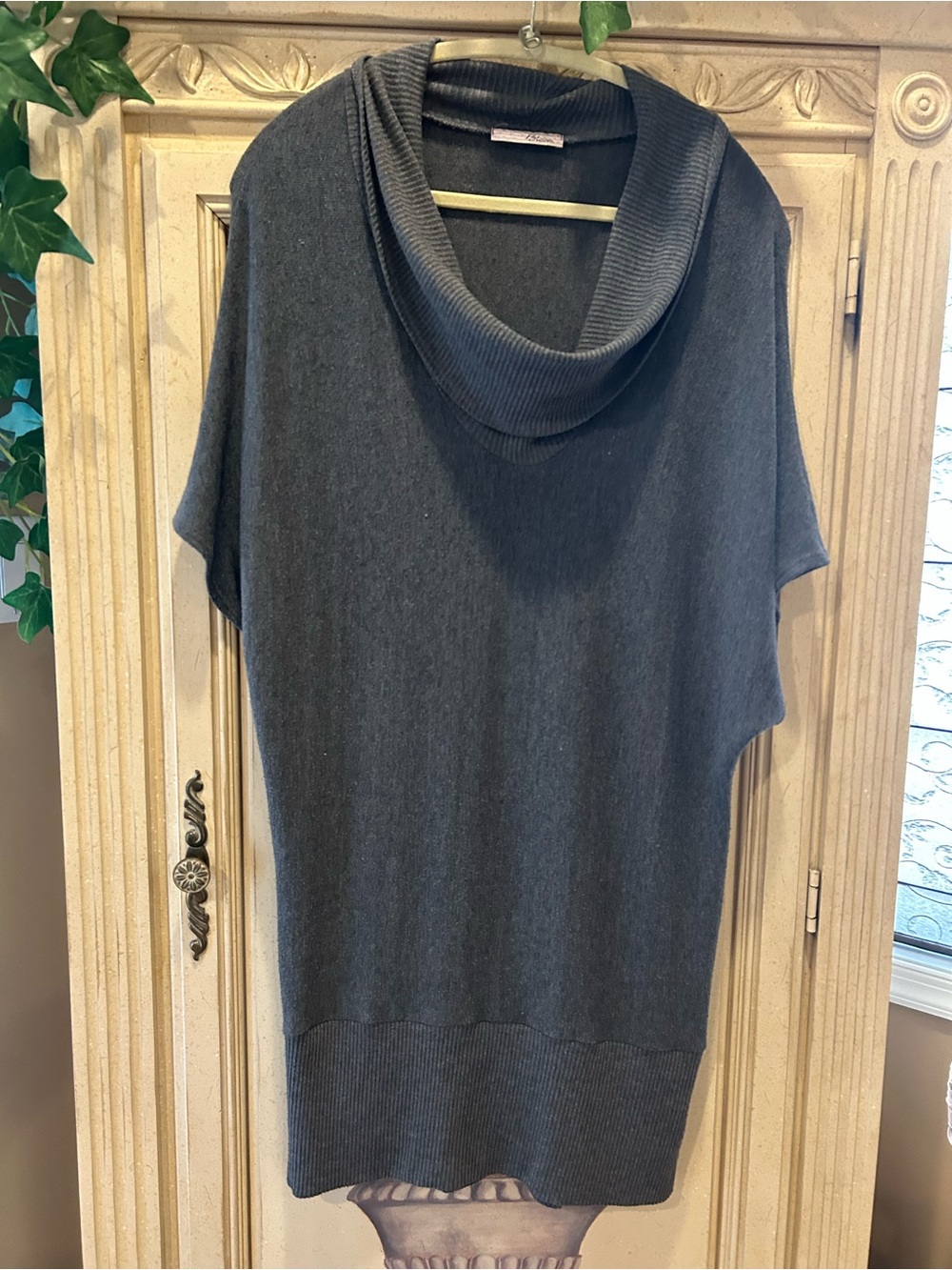 Women's Gray Cowl Neck Short Sleeve Sweater Tunic Dress Slate